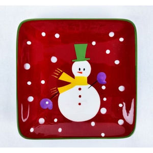 Pier 1 Holiday Christmas Square Appetizer Plate 6" Snowman Snowball Red Multi